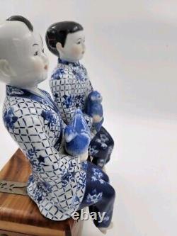 Vintage Asian Porcelain Chinoiserie Set Two Sitting Children Bird Cat Siblings