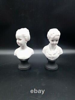 Vintage Bisque Bust Of Young Girl And Boy Set Of Two
