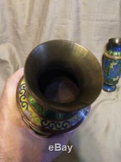 Vintage Brass China Chinese Cloisonne Pair of Two Asian Vase Vases Urns Blue Set