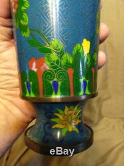 Vintage Brass China Chinese Cloisonne Pair of Two Asian Vase Vases Urns Blue Set