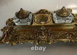 Vintage Brass Desk Set with Two (2) Led Glass Inkwells and Pen Tray