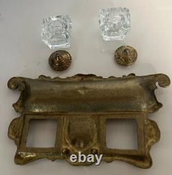 Vintage Brass Desk Set with Two (2) Led Glass Inkwells and Pen Tray