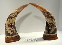 Vintage Carved Dragon Water Buffalo Horns Thailand Set of Two