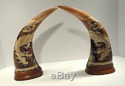 Vintage Carved Dragon Water Buffalo Horns Thailand Set of Two