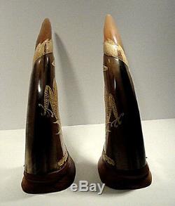 Vintage Carved Dragon Water Buffalo Horns Thailand Set of Two