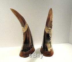 Vintage Carved Dragon Water Buffalo Horns Thailand Set of Two