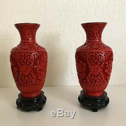 Vintage Chinese Hand Carved Red Cinnabar Lacquer Vase Set of Two