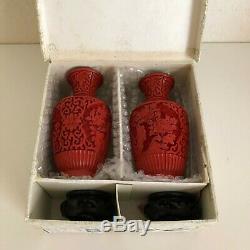 Vintage Chinese Hand Carved Red Cinnabar Lacquer Vase Set of Two