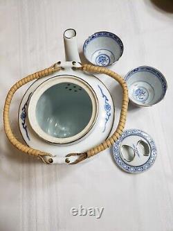 Vintage Chinese Travel Tea Set, Woven Basket with Teapot and Two Cups