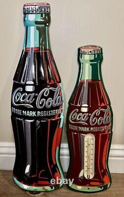 Vintage Coca Cola Bottle Thermometer & Sign Set of Two