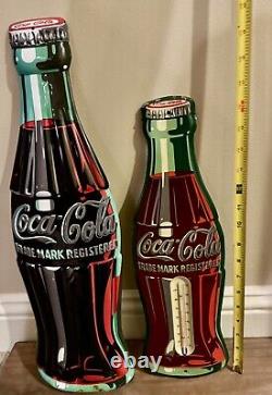 Vintage Coca Cola Bottle Thermometer & Sign Set of Two