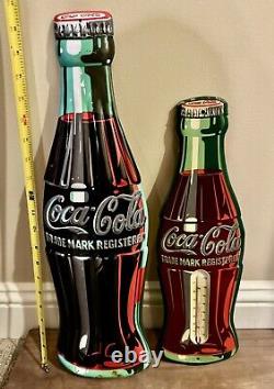 Vintage Coca Cola Bottle Thermometer & Sign Set of Two