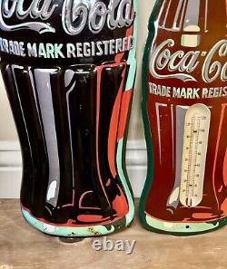 Vintage Coca Cola Bottle Thermometer & Sign Set of Two