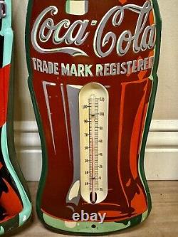 Vintage Coca Cola Bottle Thermometer & Sign Set of Two