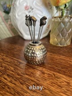 Vintage Heavy Silverplate Golf Ball Bar Set 5 Golf Club Appetizer Forks