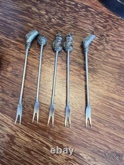 Vintage Heavy Silverplate Golf Ball Bar Set 5 Golf Club Appetizer Forks