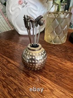 Vintage Heavy Silverplate Golf Ball Bar Set 5 Golf Club Appetizer Forks
