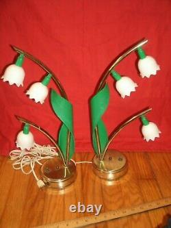 Vintage LILY OF THE VALLEY Astrolamp Table Lamp 3 Flowers Set Of Two RARE mcm