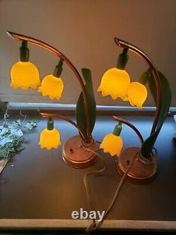 Vintage LILY OF THE VALLEY Astrolamp Table Lamp 3 Yellow Flowers Set Of Two RARE