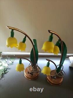 Vintage LILY OF THE VALLEY Astrolamp Table Lamp 3 Yellow Flowers Set Of Two RARE