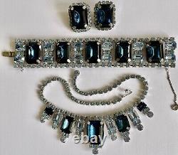 Vintage Large 2 Tone Blue Crystal Rhinestone Necklace Earrings Bracelet Set