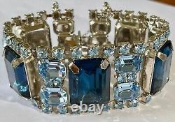 Vintage Large 2 Tone Blue Crystal Rhinestone Necklace Earrings Bracelet Set