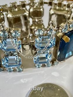 Vintage Large 2 Tone Blue Crystal Rhinestone Necklace Earrings Bracelet Set