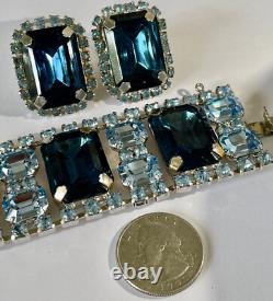Vintage Large 2 Tone Blue Crystal Rhinestone Necklace Earrings Bracelet Set