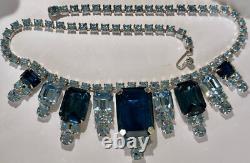 Vintage Large 2 Tone Blue Crystal Rhinestone Necklace Earrings Bracelet Set