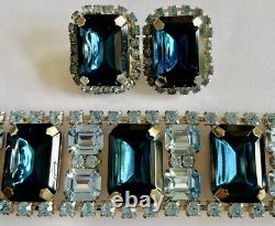 Vintage Large 2 Tone Blue Crystal Rhinestone Necklace Earrings Bracelet Set