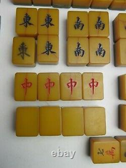 Vintage MAH JONG PHENOLIC BAKELITE set antique TWO TONE CRACKLED 141 TILES