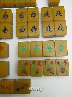 Vintage MAH JONG PHENOLIC BAKELITE set antique TWO TONE CRACKLED 141 TILES