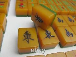 Vintage MAH JONG PHENOLIC BAKELITE set antique TWO TONE CRACKLED 141 TILES