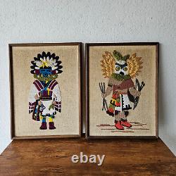 Vintage MCM Mid Century Modern Native American Kachina Needlepoint Pair Set Two