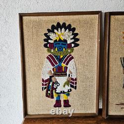 Vintage MCM Mid Century Modern Native American Kachina Needlepoint Pair Set Two