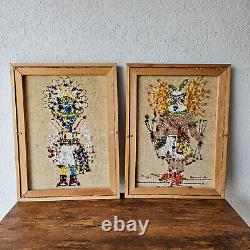 Vintage MCM Mid Century Modern Native American Kachina Needlepoint Pair Set Two