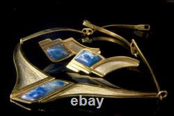 Vintage Modern Lapis Two Color Metal Clip Earrings Necklace Set Mr