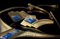 Vintage Modern Lapis Two Color Metal Clip Earrings Necklace Set Mr