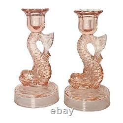 Vintage Pink Koi Depressions Glass Candleholders Set of Two 7.5 1930's