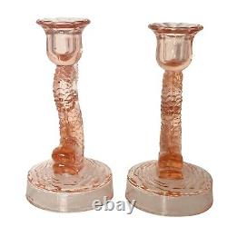 Vintage Pink Koi Depressions Glass Candleholders Set of Two 7.5 1930's