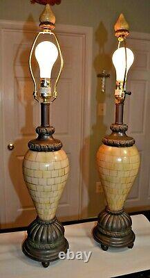 Vintage Porcelain Tiled Set of Two Table Lamps with Finials