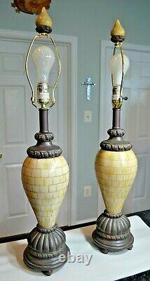 Vintage Porcelain Tiled Set of Two Table Lamps with Finials