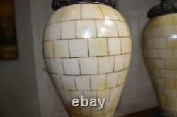 Vintage Porcelain Tiled Set of Two Table Lamps with Finials