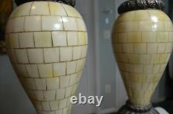 Vintage Porcelain Tiled Set of Two Table Lamps with Finials