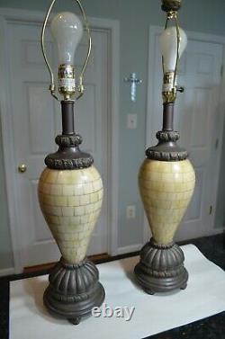 Vintage Porcelain Tiled Set of Two Table Lamps with Finials