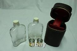Vintage Real Hide Leather Travel Set, Two Glass Flask in Leather Case Gold Toned