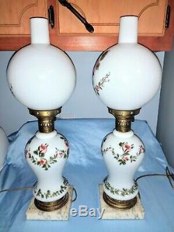 Vintage Set Of Two Matching Hand-painted Roses Hurricane Gone With The Wind Lamp