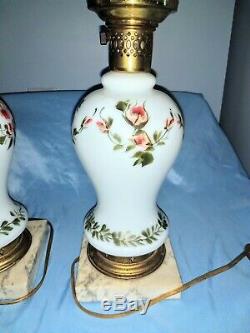 Vintage Set Of Two Matching Hand-painted Roses Hurricane Gone With The Wind Lamp