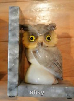 Vintage Set of Two Glass Eye Owl Alabaster Art Deco Bookends-Hand Carved-Italy