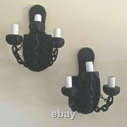 Vintage Set of Two Gothic Medieval Style Wrought Iron Chain & Wood Sconces Props